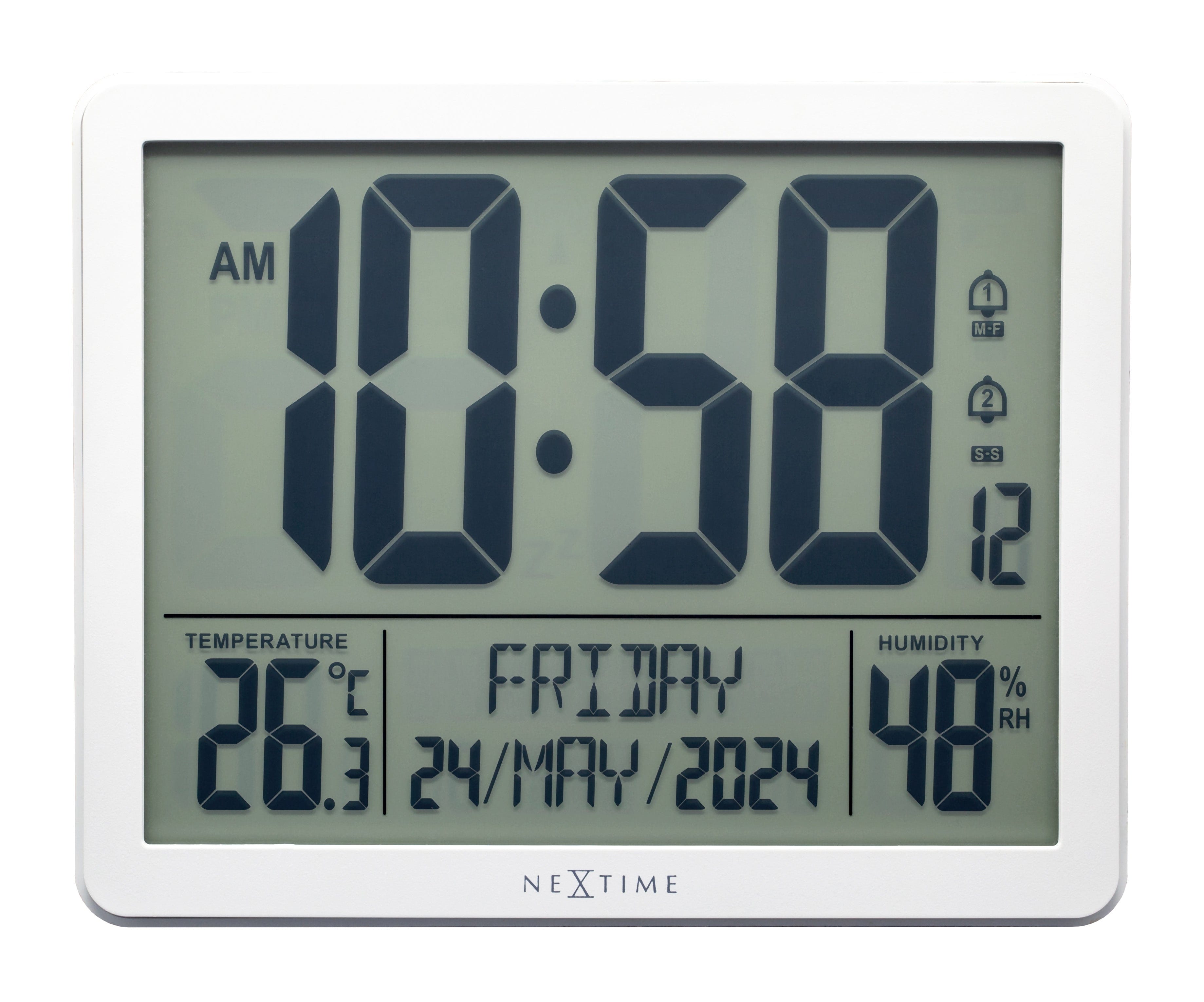 NeXtime alarm clock with digital display, weather station features, ABS construction, compact 17.3x14x2.7cm design, front view
